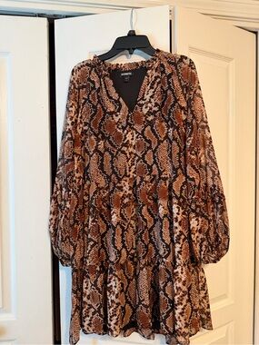 Express Brown Snake Print Long Sleeve Tiered Dress